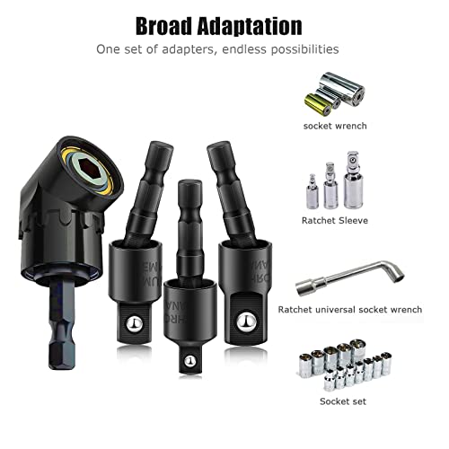 4pcs Drill-Bit-Extension Set, Includes Hex Shank 105° Right-Angle-Drill-Attachmen, 360° Rotatable Joint Socket 1/4 3/8 1/2" Universal Socket Adapter Set (Black)