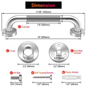 2 Pack 16 inch Anti-Slip Shower Grab Bars,SUS304 Stainless Steel Grab Rails for Bathrooms,Knurled Shower Safety Hand Rail,Bathroom Grab Bar,Handicap Bar Elderly Pregnant Injury Assist Bath Handle