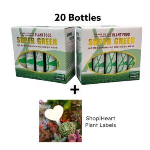 20 Bottles of Super Green Lucky Green Bamboo Plant Food with Heart Garden Labels