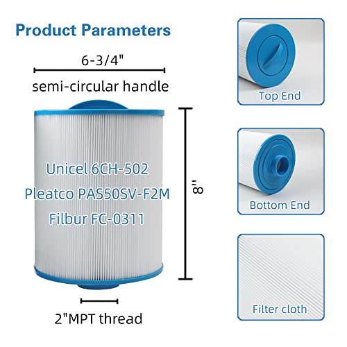 ROLFILLT PAS50SV-F2M Replaces Artesian Spa Filter,Compatible with Unicel 6CH-502, Filbur FC-0311，PAS502SV, PAS502SV-M, PAS50, Master Deluxe M60506, Excel XLS-604 Hot Tub Filter. 2 Pack