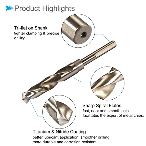 CoCud Reduced Shank Twist Drill Bits, 16mm Cutting Edge, Titanium & Nitride Coated High Speed Steel 6542 - (Applications: for Stainless Steel Drilling Machine)