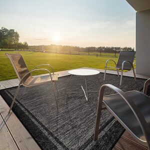 camilson indoor outdoor rug, 5x7 bordered dark grey black modern area rugs for indoor and outdoor patios, kitchen and hallway mats, washable porch deck outside carpet (bordered black, 5x7)