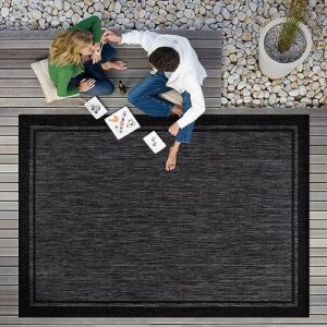 CAMILSON Indoor Outdoor Rug, 5x7 Bordered Dark Grey Black Modern Area Rugs for Indoor and Outdoor Patios, Kitchen and Hallway Mats, Washable Porch Deck Outside Carpet (Bordered Black, 5x7)