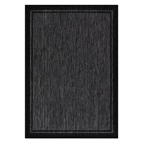 CAMILSON Indoor Outdoor Rug, 5x7 Bordered Dark Grey Black Modern Area Rugs for Indoor and Outdoor Patios, Kitchen and Hallway Mats, Washable Porch Deck Outside Carpet (Bordered Black, 5x7)