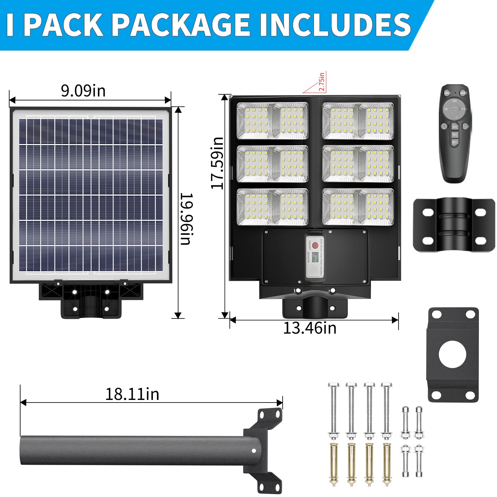 JAYNLT 800W Solar Street Light, 80000LM Dusk to Dawn Solar Parking Lot Lights IP67 Waterproof, 6500K Led Solar Security Light Outdoor with Motion Sensor and Remote Control for Yard, Garage, Road