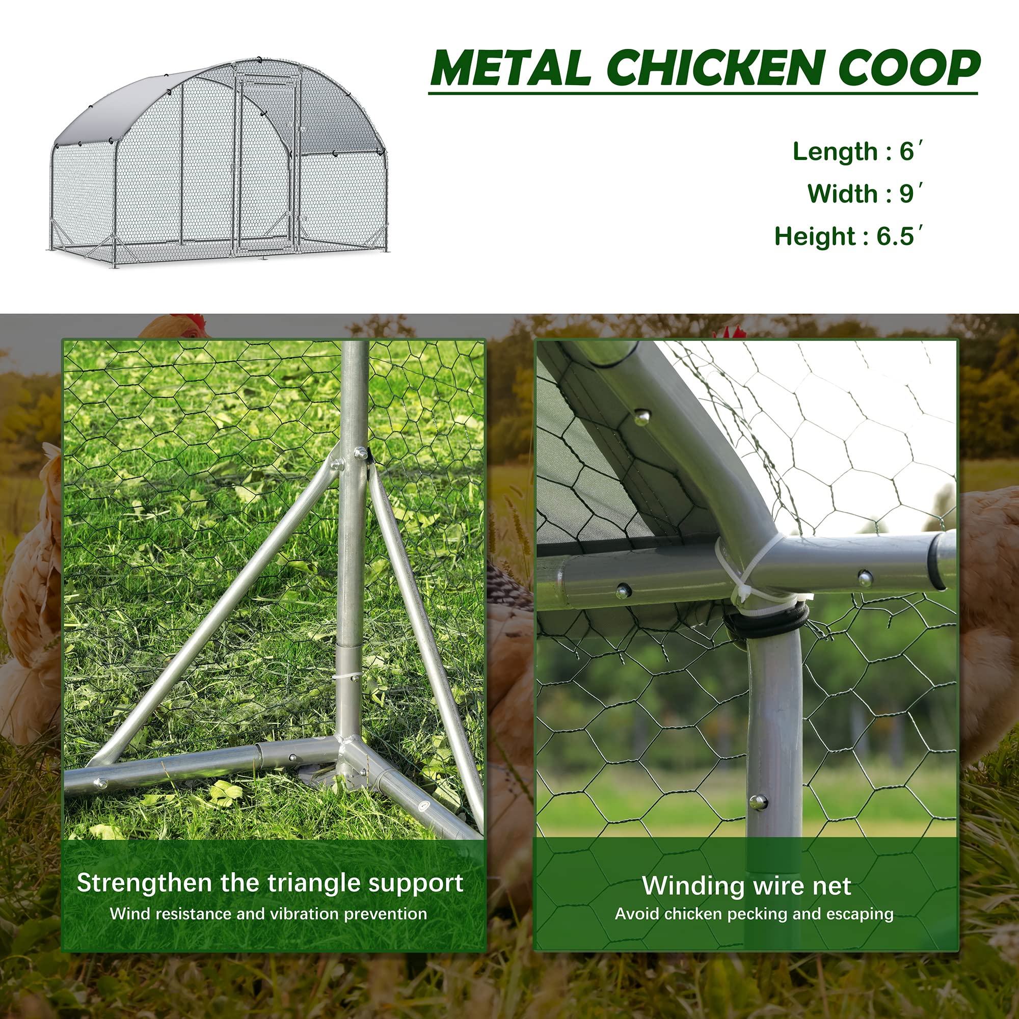 TOLEAD Large Metal Chicken Coop Upgrade Tri-Supporting Wire Mesh Chicken Run,Chicken Pen with Water-Resident and Anti-UV Cover,Duck Rabbit House Outdoor(9’ W x 6.6’ L x 6.5’ H)
