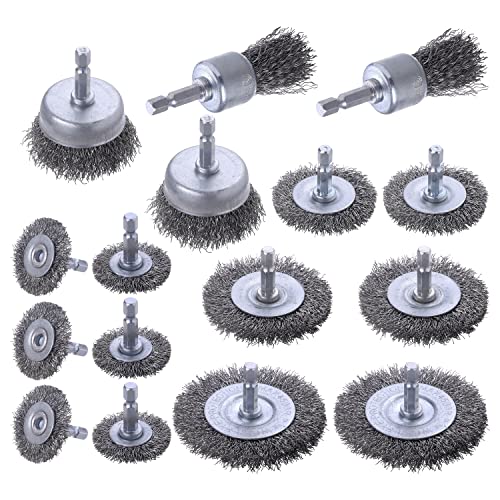 Wire Brush Wheel Cup Brush Drill Set 16 Piece, Mixiflor Wire Brush for Drill 1/4 Inch Hex Shank, Wire Cup Brush for Drill, Coarse Carbon Steel Wire Wheel for Drill, Wire Brush Drill Attachment