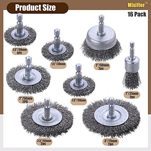 Wire Brush Wheel Cup Brush Drill Set 16 Piece, Mixiflor Wire Brush for Drill 1/4 Inch Hex Shank, Wire Cup Brush for Drill, Coarse Carbon Steel Wire Wheel for Drill, Wire Brush Drill Attachment