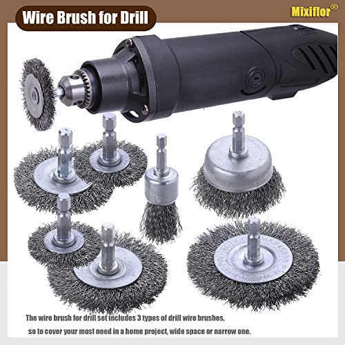 Wire Brush Wheel Cup Brush Drill Set 16 Piece, Mixiflor Wire Brush for Drill 1/4 Inch Hex Shank, Wire Cup Brush for Drill, Coarse Carbon Steel Wire Wheel for Drill, Wire Brush Drill Attachment