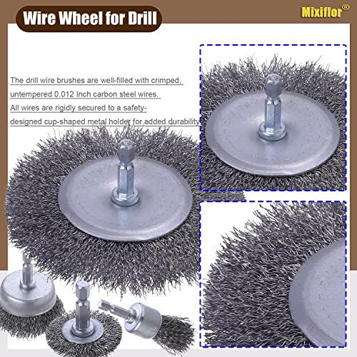 Wire Brush Wheel Cup Brush Drill Set 16 Piece, Mixiflor Wire Brush for Drill 1/4 Inch Hex Shank, Wire Cup Brush for Drill, Coarse Carbon Steel Wire Wheel for Drill, Wire Brush Drill Attachment