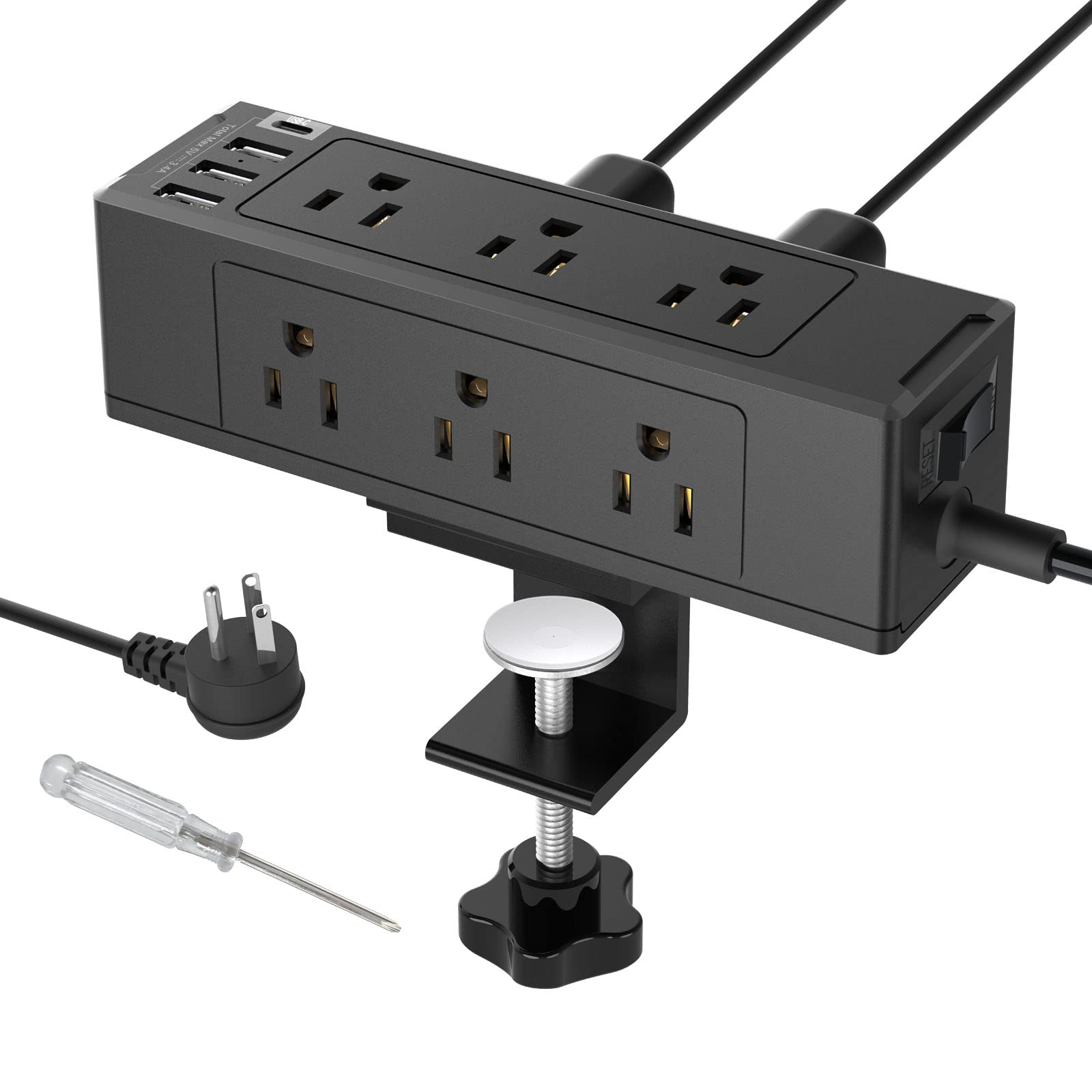 Desk Clamp Power Strip with USB C, Desk Surge Protector Power Strip with 9 AC Plugs 4 USB Ports, Desktop Edge Mount Outlets Charging Station, 6 FT Flat Plug, Removable Clamp Power Strip