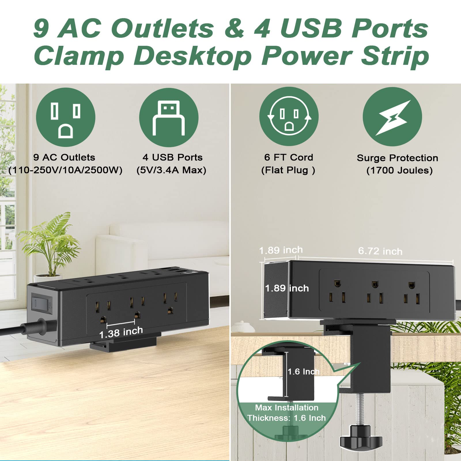 Desk Clamp Power Strip with USB C, Desk Surge Protector Power Strip with 9 AC Plugs 4 USB Ports, Desktop Edge Mount Outlets Charging Station, 6 FT Flat Plug, Removable Clamp Power Strip