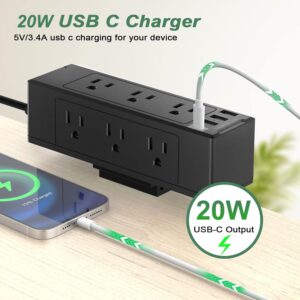 Desk Clamp Power Strip with USB C, Desk Surge Protector Power Strip with 9 AC Plugs 4 USB Ports, Desktop Edge Mount Outlets Charging Station, 6 FT Flat Plug, Removable Clamp Power Strip