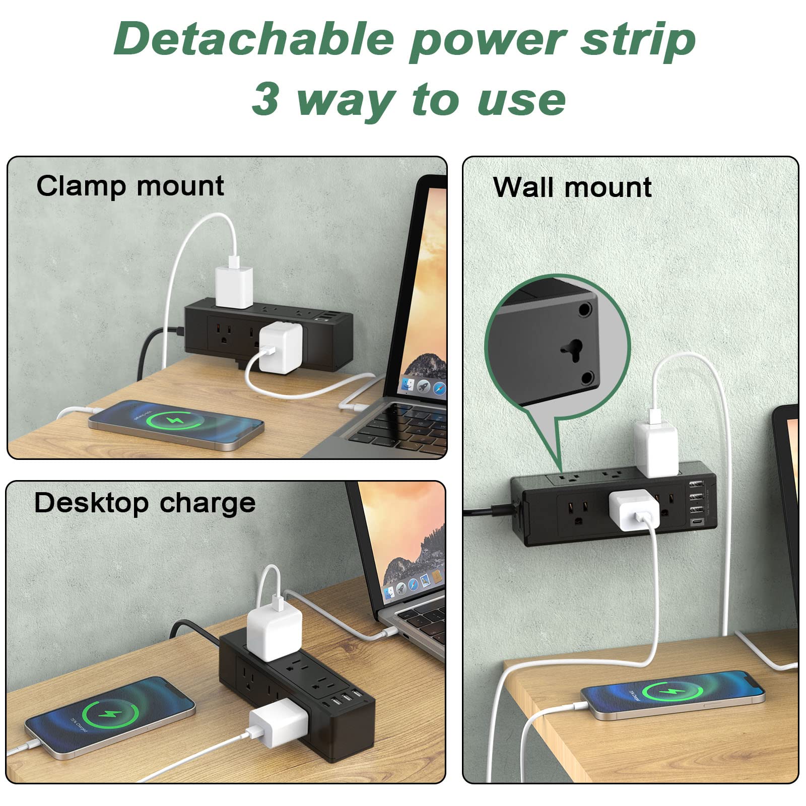 Desk Clamp Power Strip with USB C, Desk Surge Protector Power Strip with 9 AC Plugs 4 USB Ports, Desktop Edge Mount Outlets Charging Station, 6 FT Flat Plug, Removable Clamp Power Strip