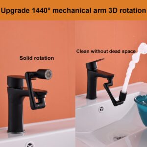 1440° Rotating Faucet Extender, 1080°+360° Large-Angle Splash Filter Faucet Extension, with 2 Water Outlet Modes, Universal Brass Swivel Robotic Arm Faucet Aerator for Kitchen and Bathroom Sink, Black