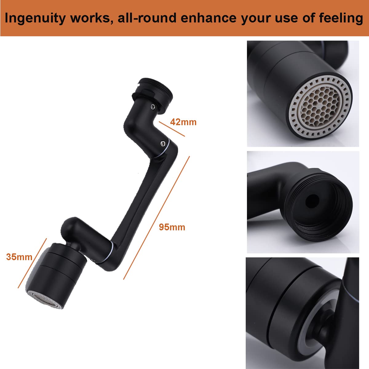 1440° Rotating Faucet Extender, 1080°+360° Large-Angle Splash Filter Faucet Extension, with 2 Water Outlet Modes, Universal Brass Swivel Robotic Arm Faucet Aerator for Kitchen and Bathroom Sink, Black