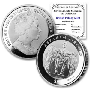2022 1 oz british virgin islands silver 100th anniversary lincoln memorial coin brilliant uncirculated with certificate $1 bu