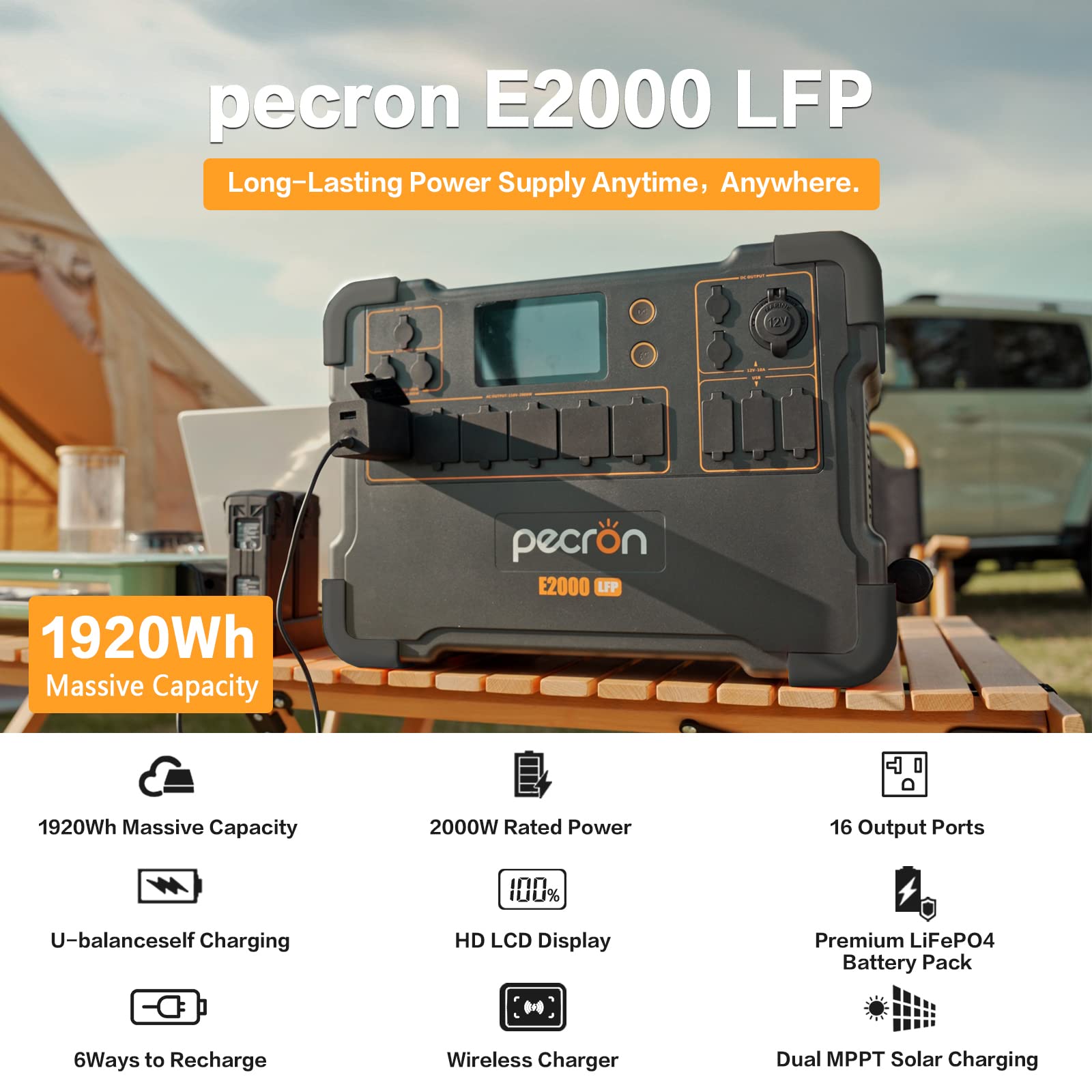 pecron Solar Generator E2000LFP,E2000LFP Portable power station with 4X 200W Solar Panels with 6X110V/2000W AC Outlets,LiFePO4 Battery Backup for Outdoors Camping Emergency