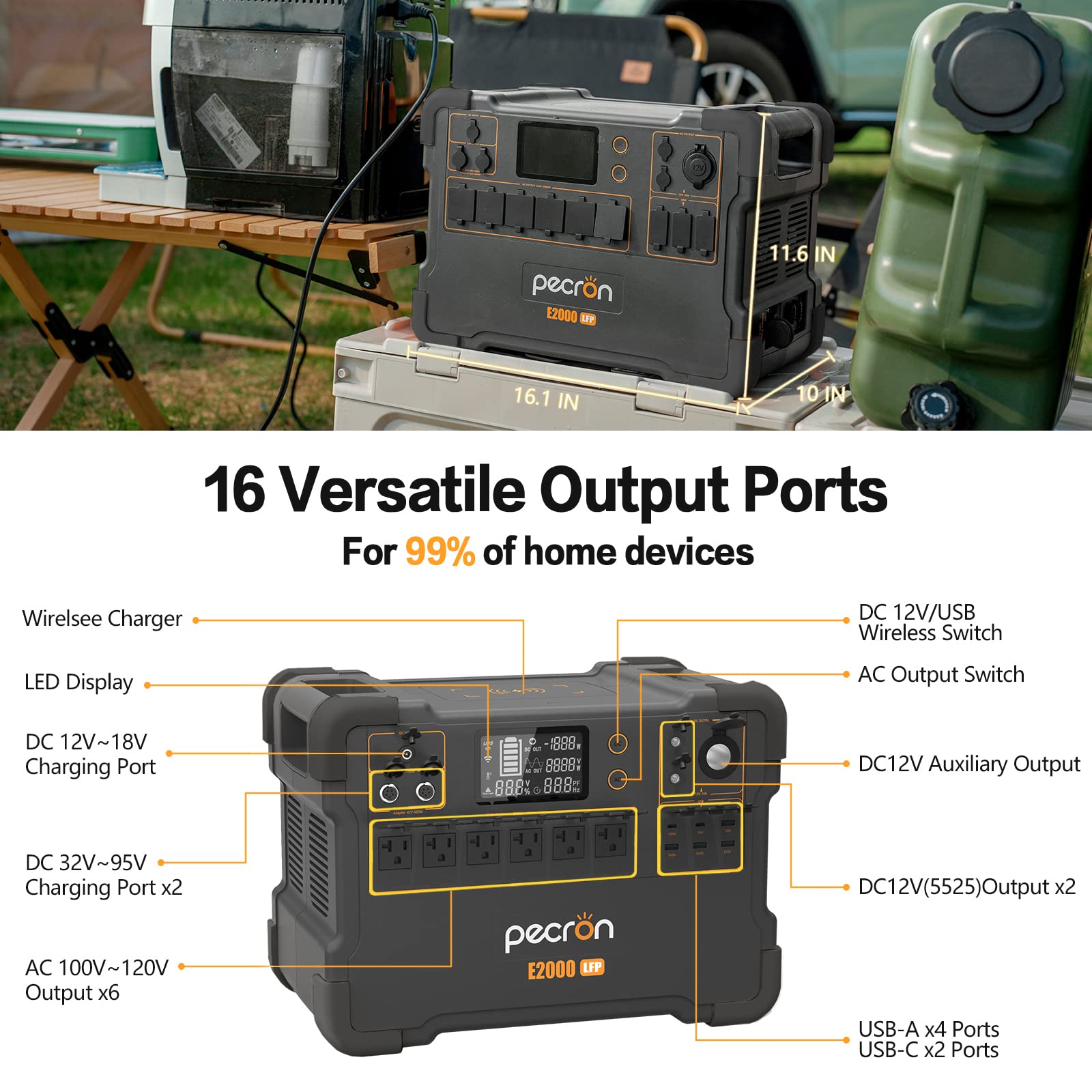 pecron Solar Generator E2000LFP,E2000LFP Portable power station with 4X 200W Solar Panels with 6X110V/2000W AC Outlets,LiFePO4 Battery Backup for Outdoors Camping Emergency