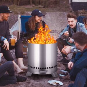 PNKKODW 15 Inch Smokeless Fire Pit Outdoor Wood Burning 304 Stainless Steel Fire Pit, Stove Bonfire Fire Pit with Ash Tray and Lid, Portable Fire Pit with Campfire Grill and Stand for Outside Camping