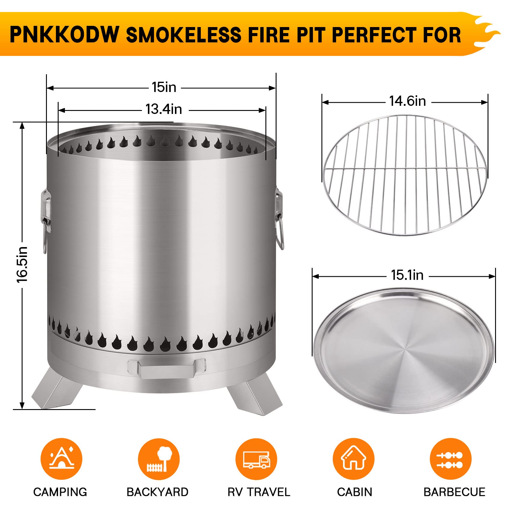 PNKKODW 15 Inch Smokeless Fire Pit Outdoor Wood Burning 304 Stainless Steel Fire Pit, Stove Bonfire Fire Pit with Ash Tray and Lid, Portable Fire Pit with Campfire Grill and Stand for Outside Camping