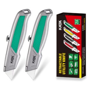 kata 2 pack retractable utility knife,heavy duty box cutters for cardboard, boxes, cartons and rope,rubbery handle,with extra 10pc sk5 sharp blades,green