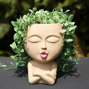 mrsivrop face planter for indoor plants, 7.7 inches large face planters pots head succulent planters for indoor outdoor plants with drainage, unique flowers planters angry face planter, vivid light