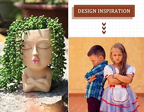 Mrsivrop Face Planter for Indoor Plants, 7.7 Inches Large Face Planters Pots Head Succulent Planters for Indoor Outdoor Plants with Drainage, Unique Flowers Planters Angry Face Planter, Vivid Light