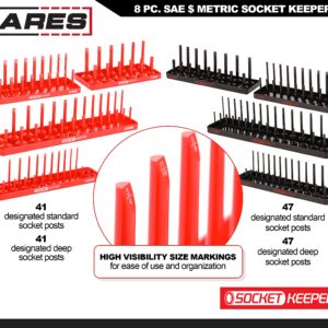 ARES 60178 – 8-Piece Metric & SAE Socket Keeper/Organizer Tray Set – Black & Green Socket Holders - Store 176 Standard & Deep Sockets - Socket Posts Feature High Visibility Markings