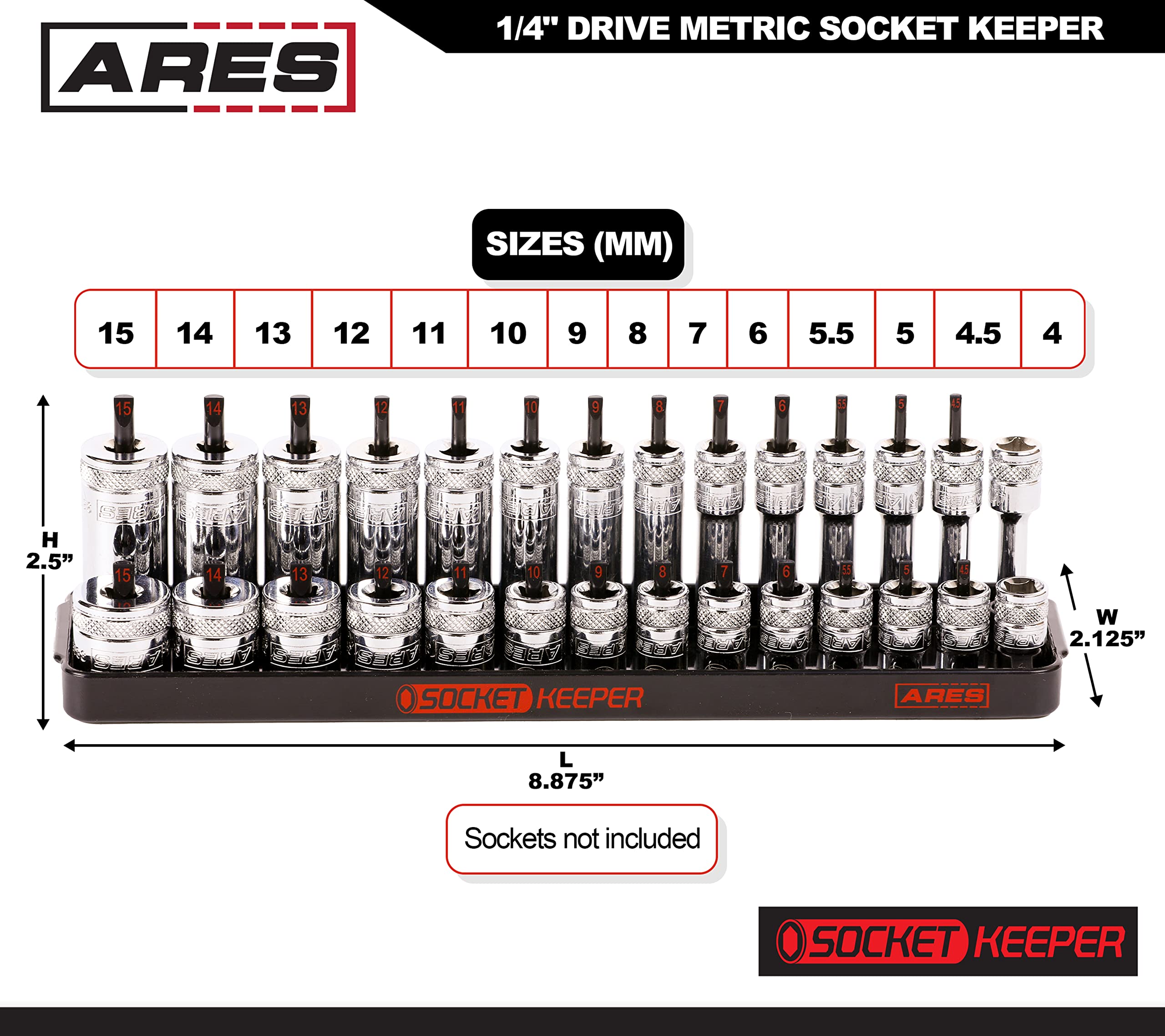 ARES 60178 – 8-Piece Metric & SAE Socket Keeper/Organizer Tray Set – Black & Green Socket Holders - Store 176 Standard & Deep Sockets - Socket Posts Feature High Visibility Markings