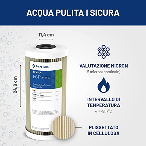 Pentair Pentek ECP5-BB Big Blue Sediment Water Filter, 10-Inch, Whole House Heavy Duty Pleated Cellulose Polyester Replacement Cartridge, 10" x 4.5", White End-Cap, 5 Micron, Pack of 8