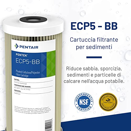 Pentair Pentek ECP5-BB Big Blue Sediment Water Filter, 10-Inch, Whole House Heavy Duty Pleated Cellulose Polyester Replacement Cartridge, 10" x 4.5", White End-Cap, 5 Micron, Pack of 8