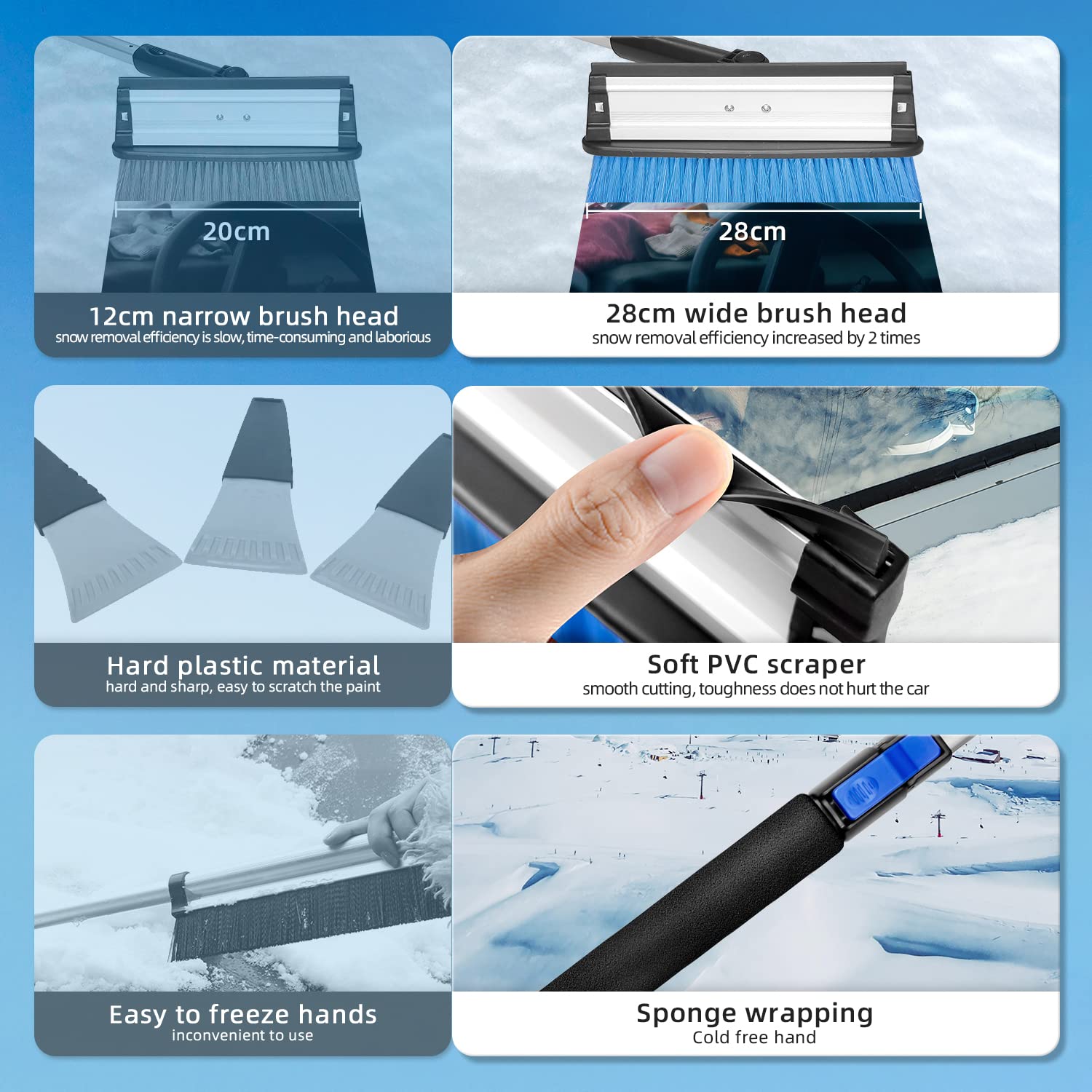 YSMJ Snow Brush and Car Ice Scraper, Telescoping Ice Scraper, Foam Grip, Heavy Duty Snow Remover for Cars, 270° Pivoting Snow Scraper Brush for Car Windshield