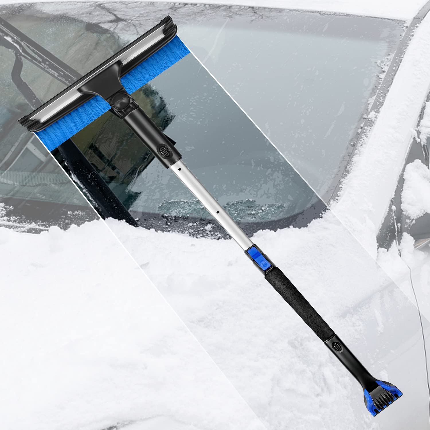 YSMJ Snow Brush and Car Ice Scraper, Telescoping Ice Scraper, Foam Grip, Heavy Duty Snow Remover for Cars, 270° Pivoting Snow Scraper Brush for Car Windshield