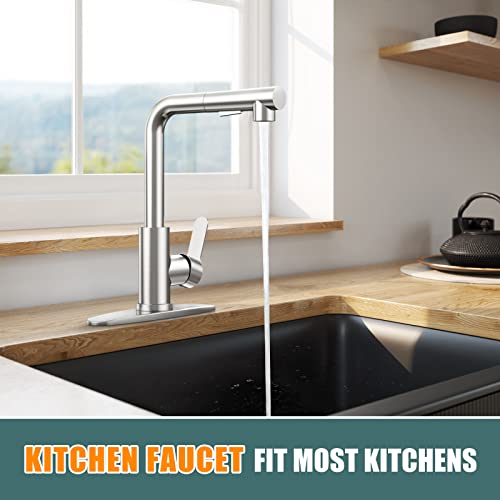 Kitchen Faucets, Brushed Nickel Kitchen Faucet with Pull Down Sprayer and Deck Plate, Stainless Steel Commercial Utility Kitchen Faucets for Sink 3 Hole for Bar Rv Camper Laundry Outdoor Farmhouse