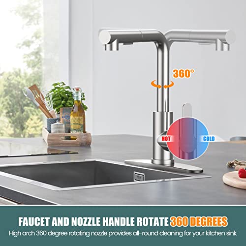 Kitchen Faucets, Brushed Nickel Kitchen Faucet with Pull Down Sprayer and Deck Plate, Stainless Steel Commercial Utility Kitchen Faucets for Sink 3 Hole for Bar Rv Camper Laundry Outdoor Farmhouse