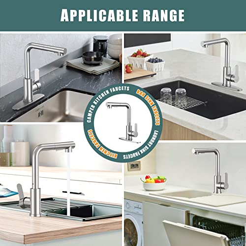Kitchen Faucets, Brushed Nickel Kitchen Faucet with Pull Down Sprayer and Deck Plate, Stainless Steel Commercial Utility Kitchen Faucets for Sink 3 Hole for Bar Rv Camper Laundry Outdoor Farmhouse