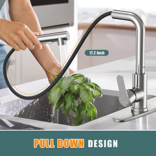 Kitchen Faucets, Brushed Nickel Kitchen Faucet with Pull Down Sprayer and Deck Plate, Stainless Steel Commercial Utility Kitchen Faucets for Sink 3 Hole for Bar Rv Camper Laundry Outdoor Farmhouse