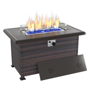 delnavik propane fire pit table 43 inch 55,000 btu auto-ignition, csa certification outdoor rattan gas fire pits with slide out tank holder, outdoor fire tables wider desktop, windshield and lid