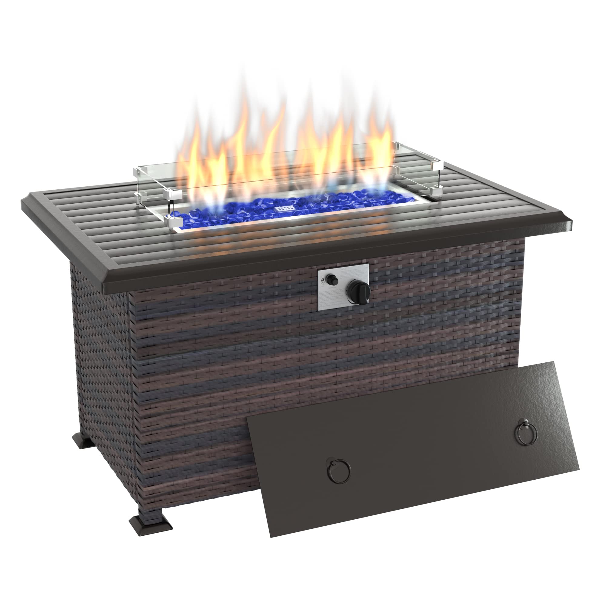 Delnavik Propane Fire Pit Table 43 Inch 55,000 BTU Auto-Ignition, CSA Certification Outdoor Rattan Gas Fire Pits with Slide Out Tank Holder, Outdoor Fire Tables Wider Desktop, Windshield and Lid