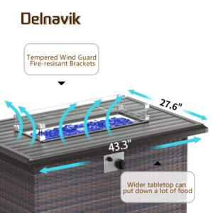 Delnavik Propane Fire Pit Table 43 Inch 55,000 BTU Auto-Ignition, CSA Certification Outdoor Rattan Gas Fire Pits with Slide Out Tank Holder, Outdoor Fire Tables Wider Desktop, Windshield and Lid