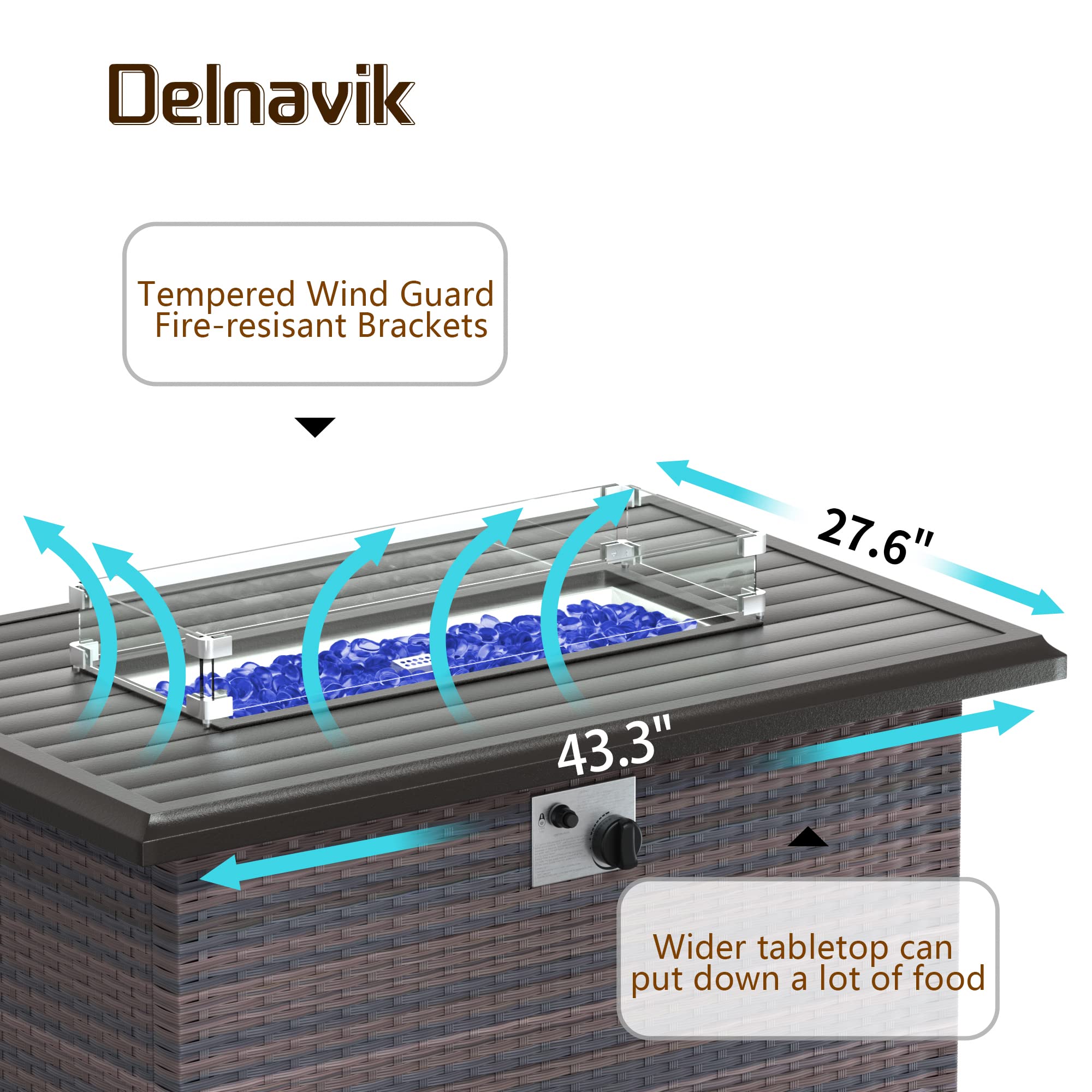 Delnavik Propane Fire Pit Table 43 Inch 55,000 BTU Auto-Ignition, CSA Certification Outdoor Rattan Gas Fire Pits with Slide Out Tank Holder, Outdoor Fire Tables Wider Desktop, Windshield and Lid