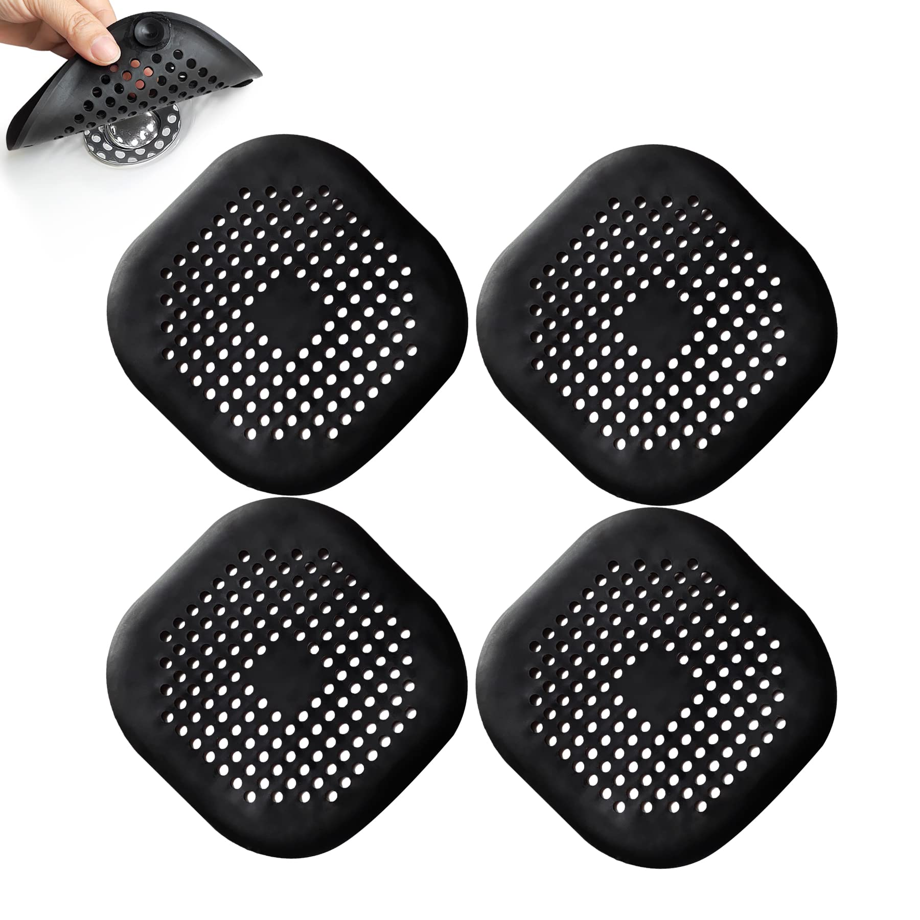 4 Pieces Shower Drain Hair Catcher Bathtub Stopper Home Drain Protectors Drain Cover with Sucker Water Trap Sink Cover for Bathroom Bathtub and Kitchen (Black)