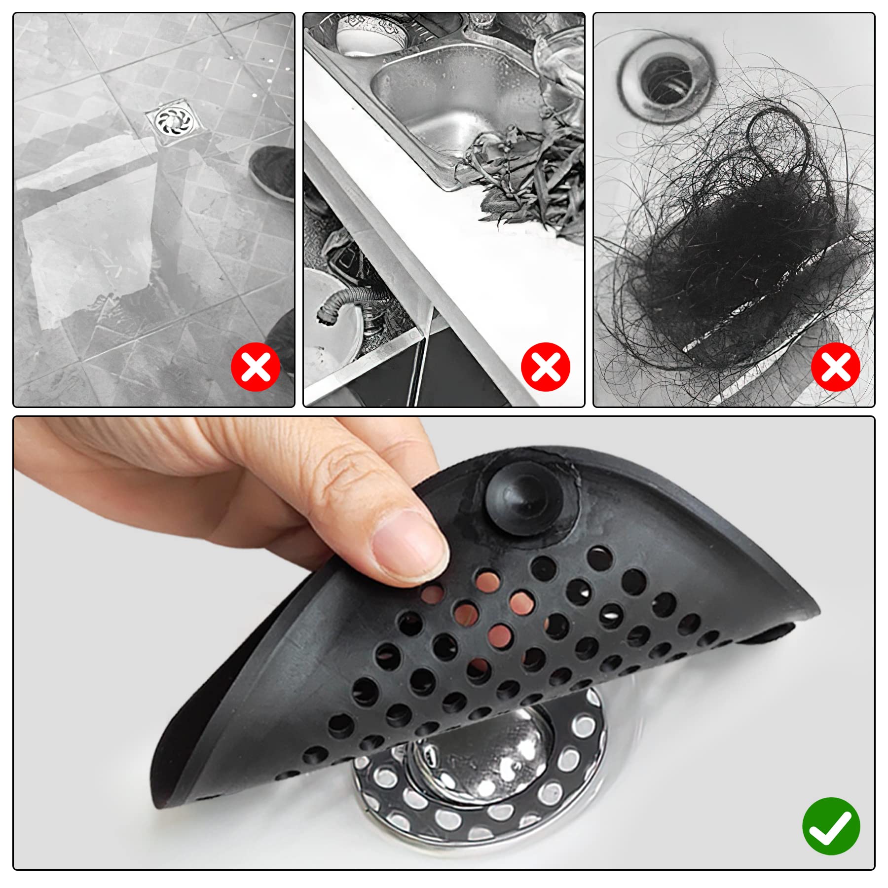 4 Pieces Shower Drain Hair Catcher Bathtub Stopper Home Drain Protectors Drain Cover with Sucker Water Trap Sink Cover for Bathroom Bathtub and Kitchen (Black)