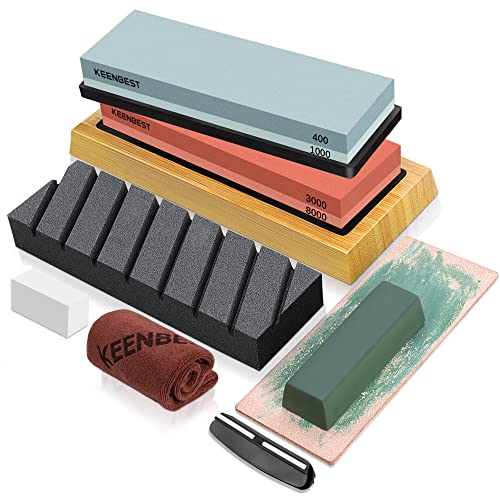 Knife Sharpening Stone Kit Actual Grit KEENBEST Large 4 Side 400 1000 3000 8000 Complete Wet Stones Set Japanese Professional Kitchen Knives Sharpeners Whetstone Flattening Stone Base Guide Leather