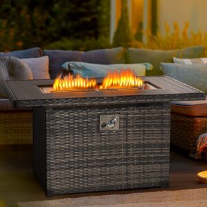 aoxun propane fire pit table, 44 in csa propane fire table rectangular, 50,000 btu auto ignition gas fire pit for outside patio deck, oxford cover, grey wicker