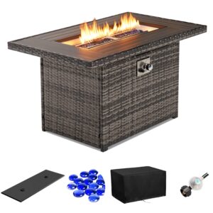 Aoxun Propane Fire Pit Table, 44 in CSA Propane Fire Table Rectangular, 50,000 BTU Auto Ignition Gas Fire Pit for Outside Patio Deck, Oxford Cover, Grey Wicker