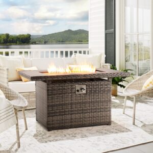 Aoxun Propane Fire Pit Table, 44 in CSA Propane Fire Table Rectangular, 50,000 BTU Auto Ignition Gas Fire Pit for Outside Patio Deck, Oxford Cover, Grey Wicker