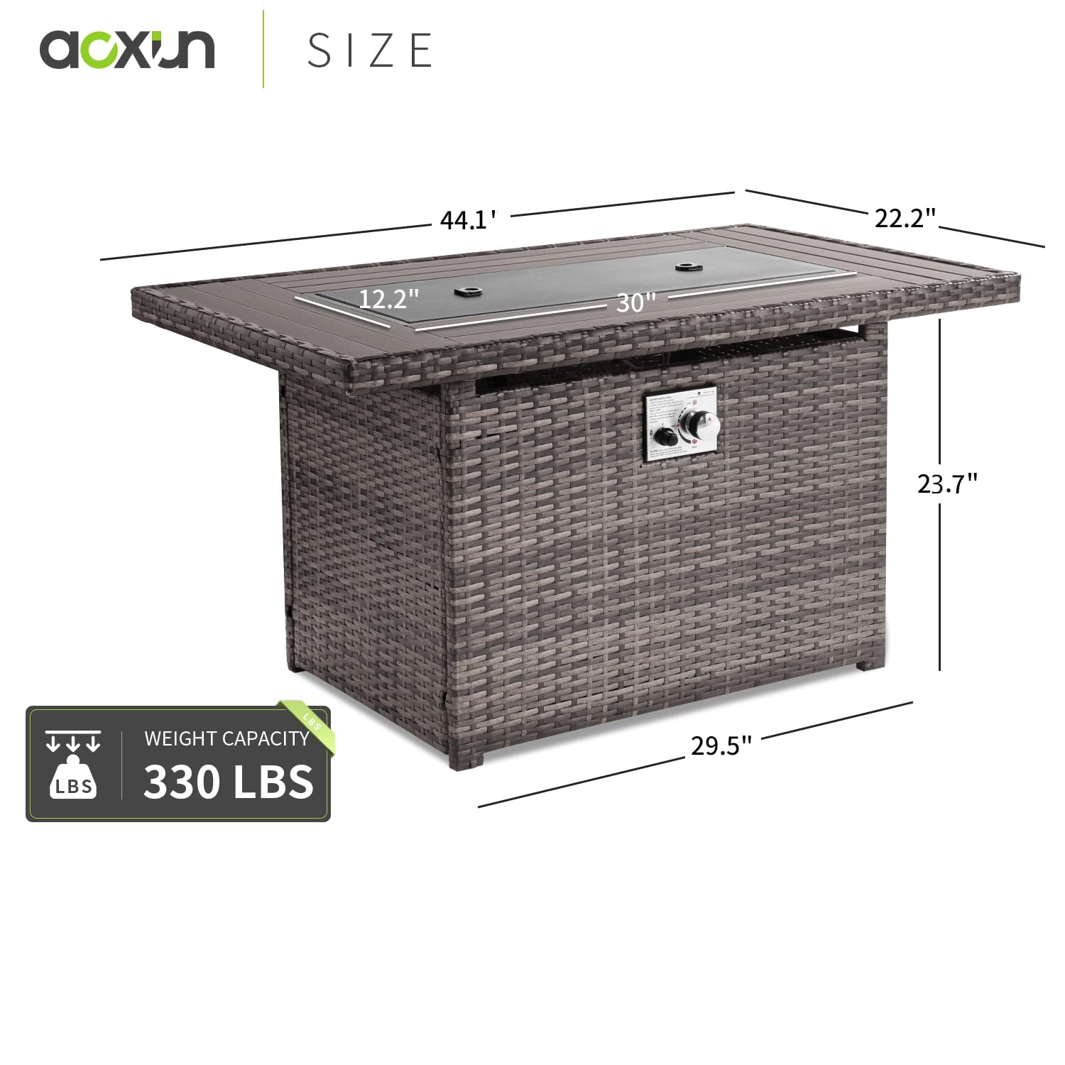 Aoxun Propane Fire Pit Table, 44 in CSA Propane Fire Table Rectangular, 50,000 BTU Auto Ignition Gas Fire Pit for Outside Patio Deck, Oxford Cover, Grey Wicker