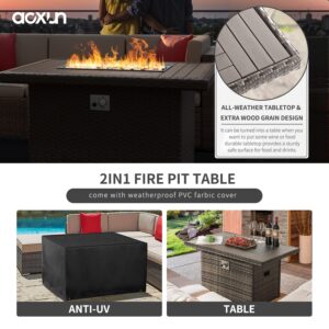 Aoxun Propane Fire Pit Table, 44 in CSA Propane Fire Table Rectangular, 50,000 BTU Auto Ignition Gas Fire Pit for Outside Patio Deck, Oxford Cover, Grey Wicker